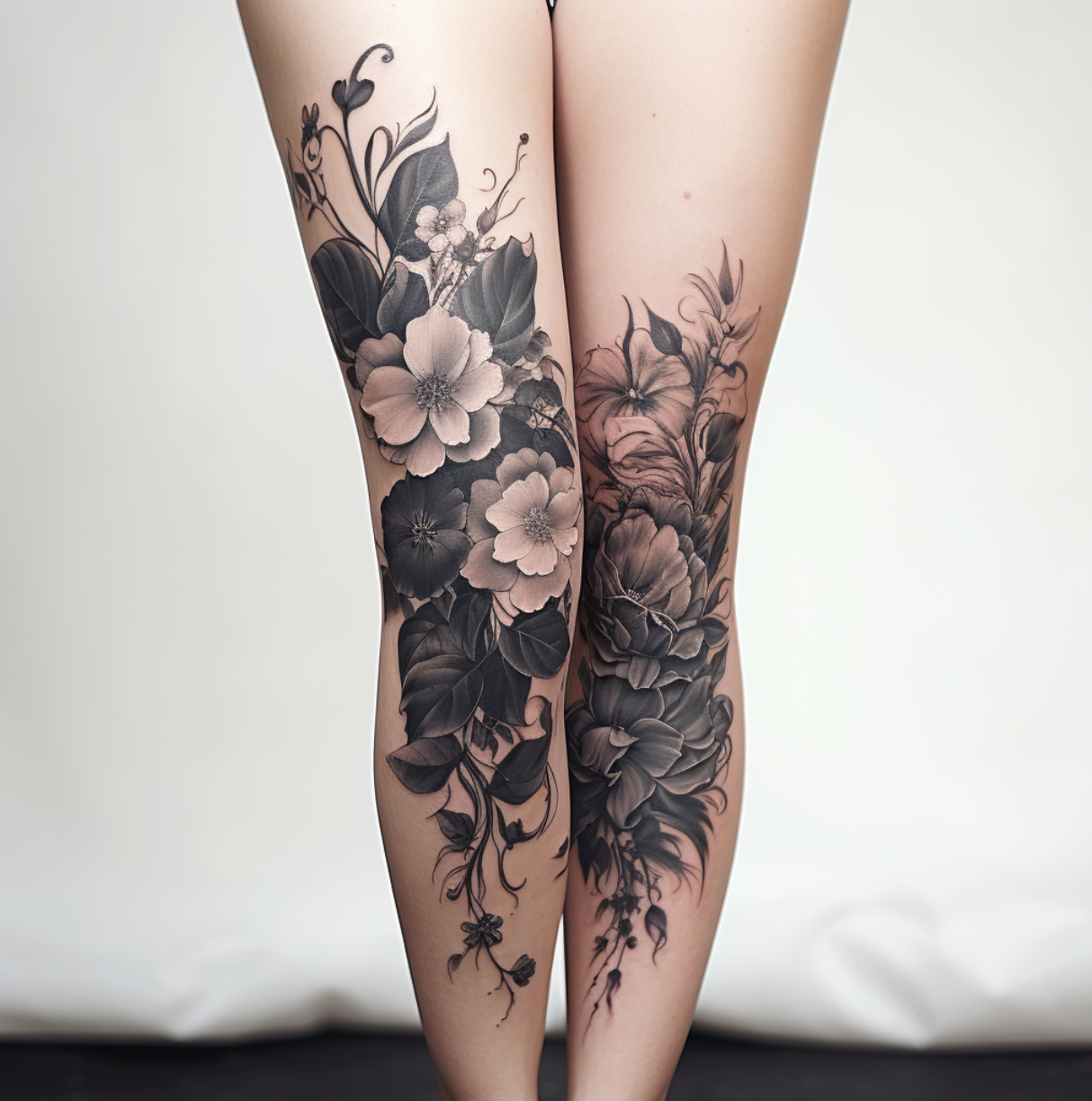 Tattoo,Black ink,Flowers,Legs