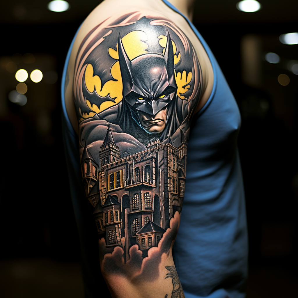 cartoon-tattoos,3D Batman Gotham City Tattoo