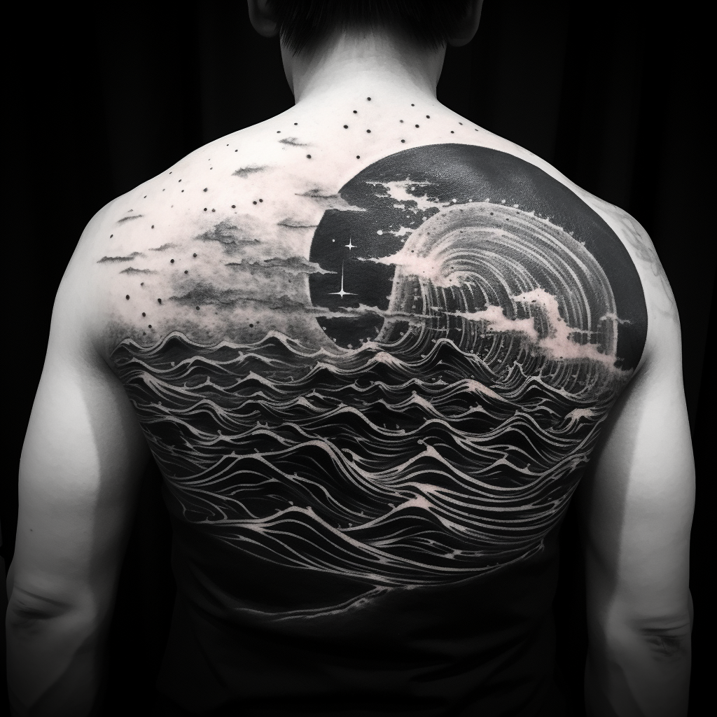 a tattoo,black-ink,Abstract Wave Back Tattoo