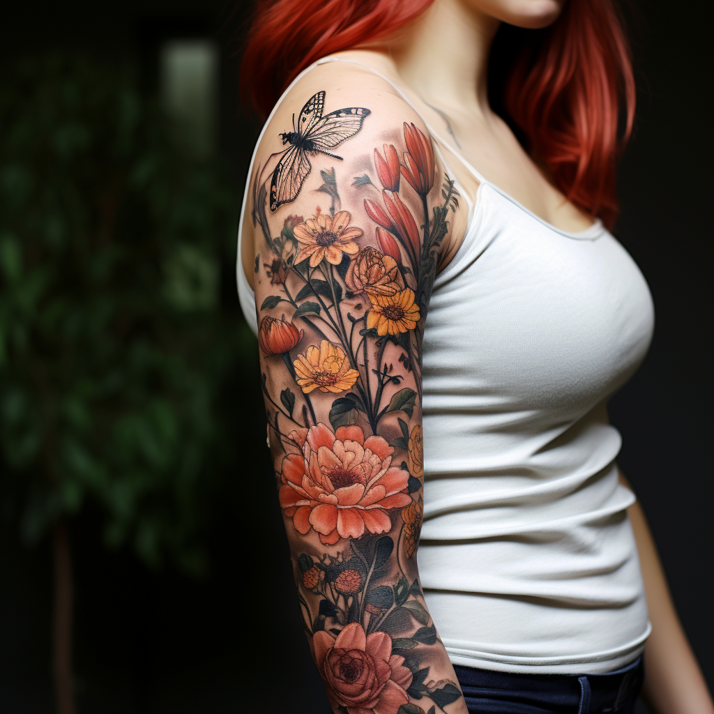 animal-tattoos,Floral Sleeve with Bee & Firefly