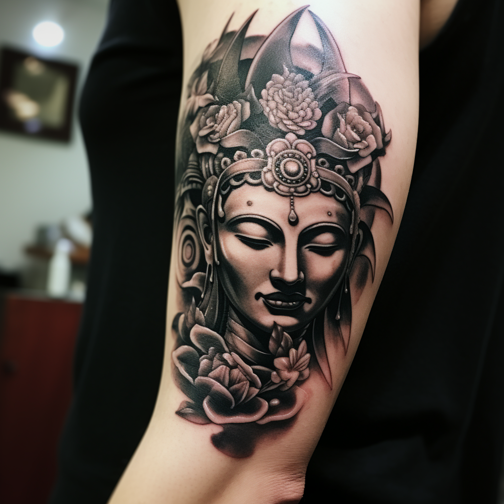 a tattoo,black-ink,Buddha