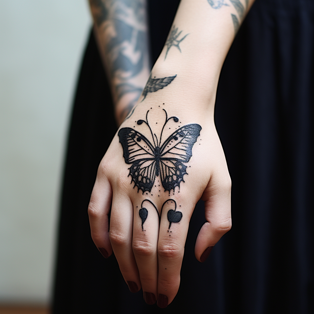 a tattoo,black-ink,Butterfly & Heart Hand Tattoo