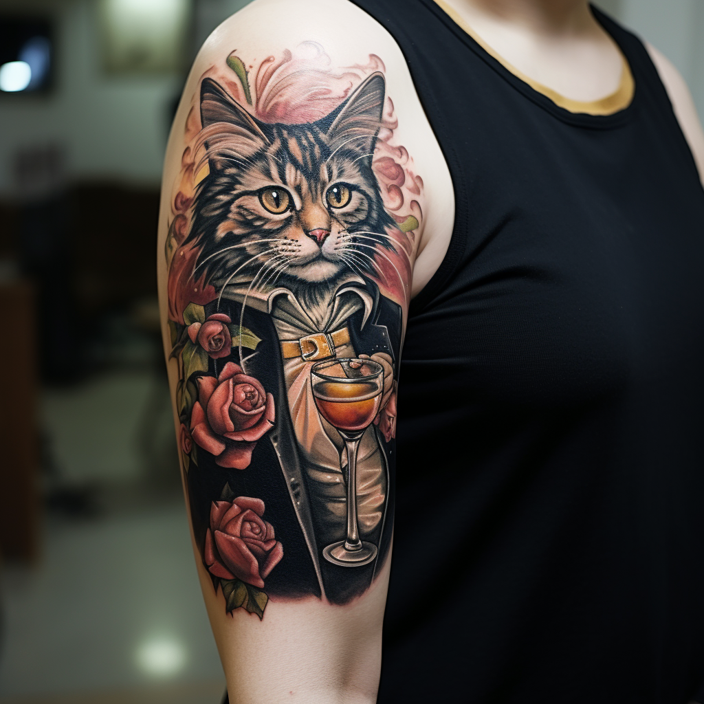 arm-tattoos,Sophisticated Cat Drinking Wine
