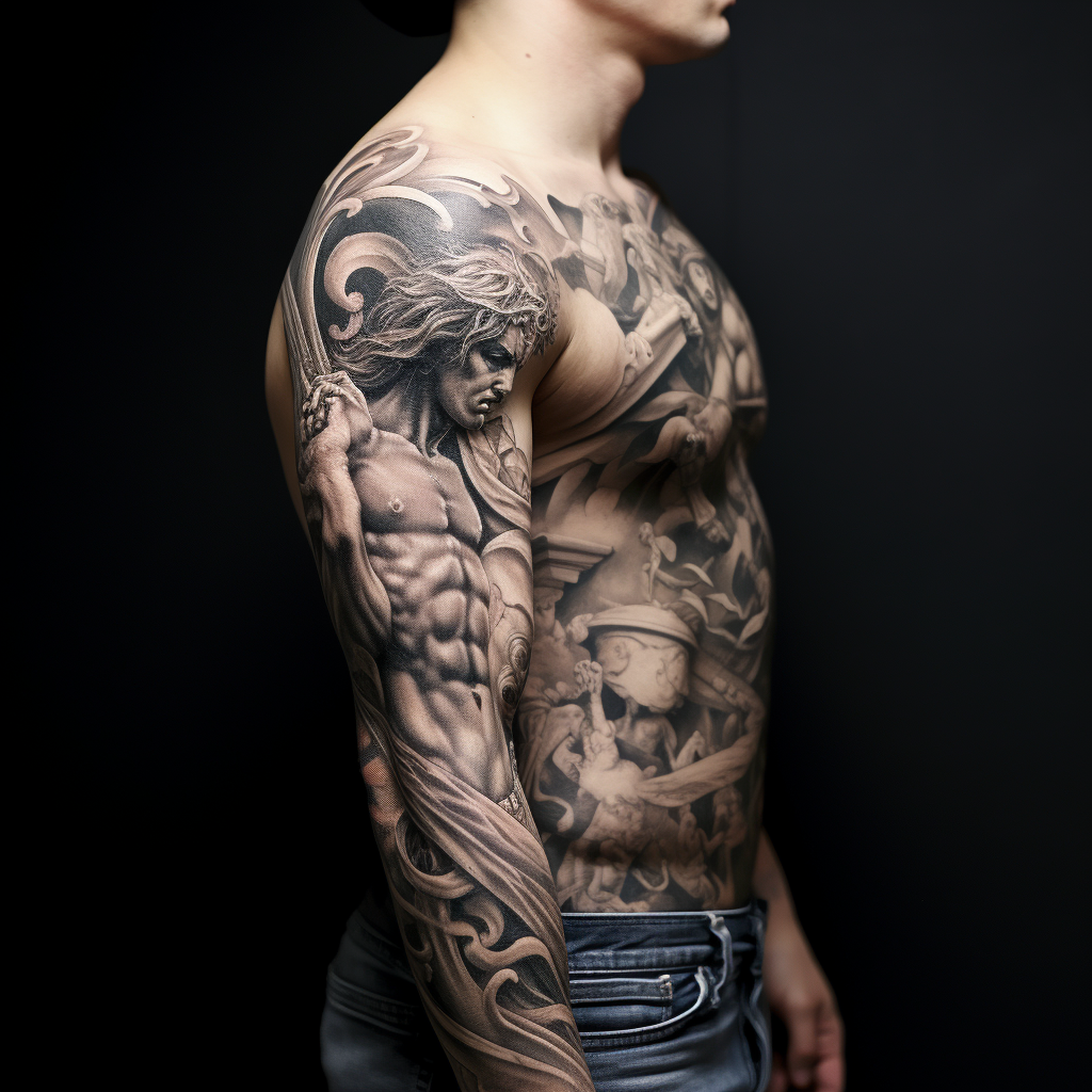 arm-tattoos,Chimera and Bellerophon Sleeve