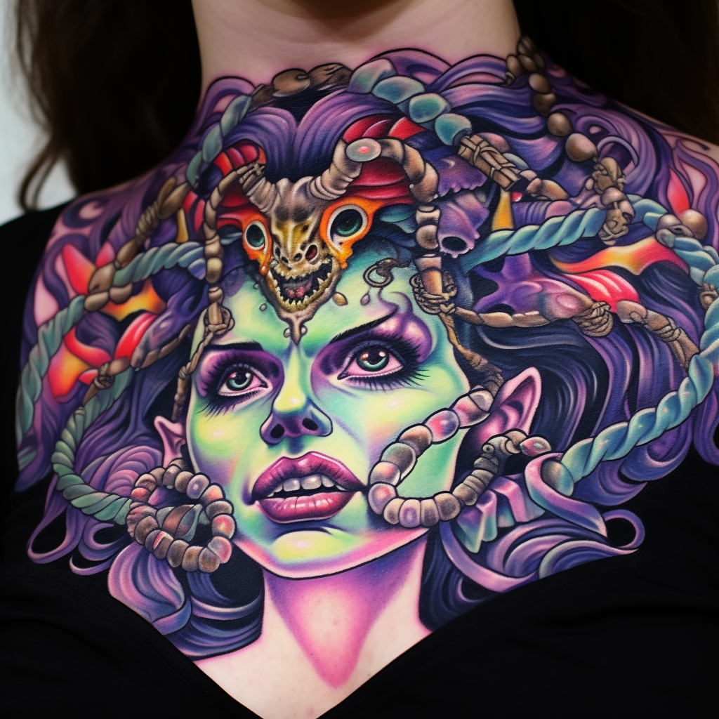colourful-tattoos,Medusa Chest Piece