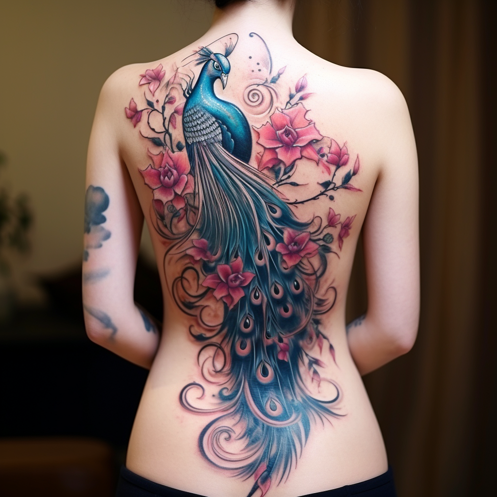 a tattoo,birds,Peacock Back Tattoo