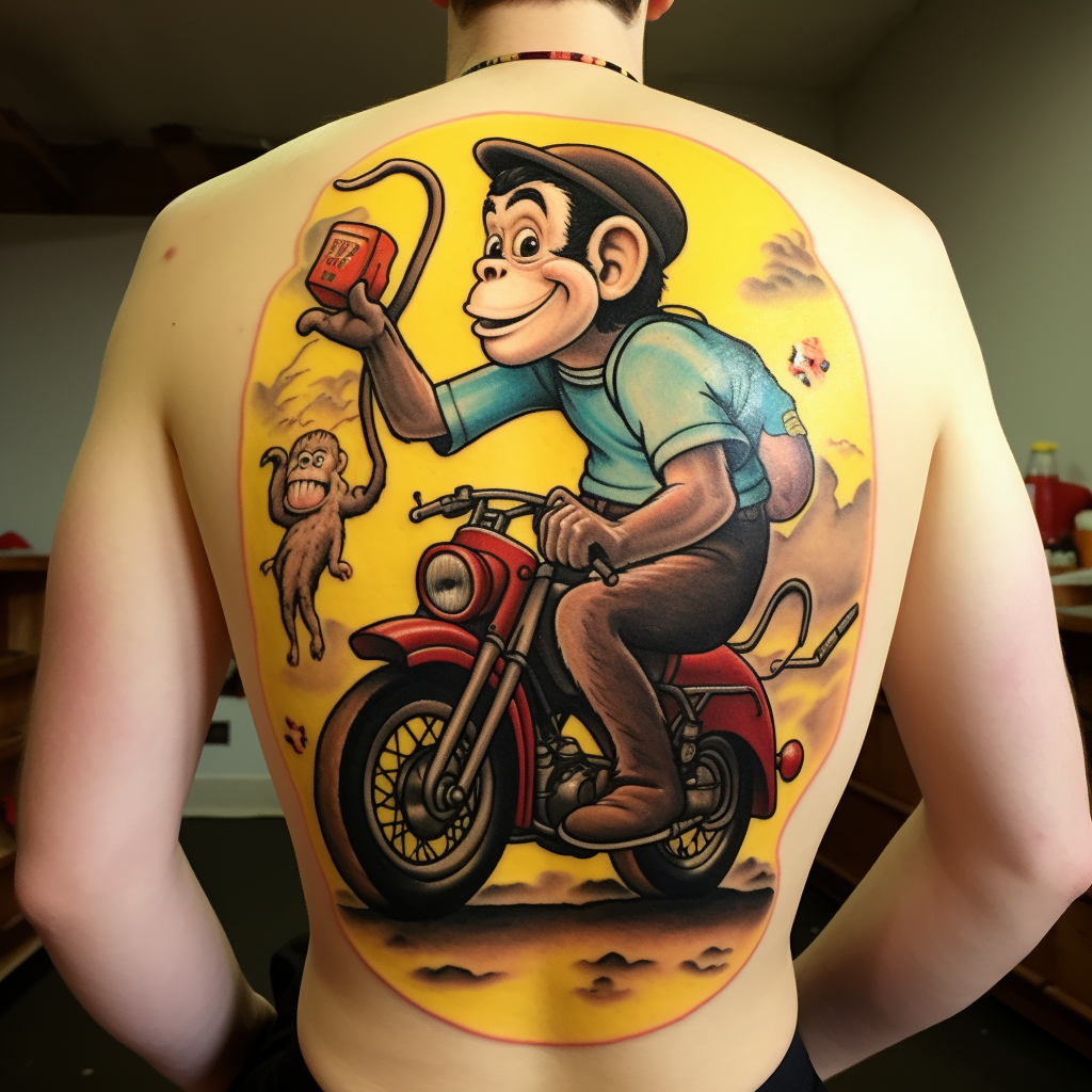 cartoon-tattoos,Curious George Riding Backwards
