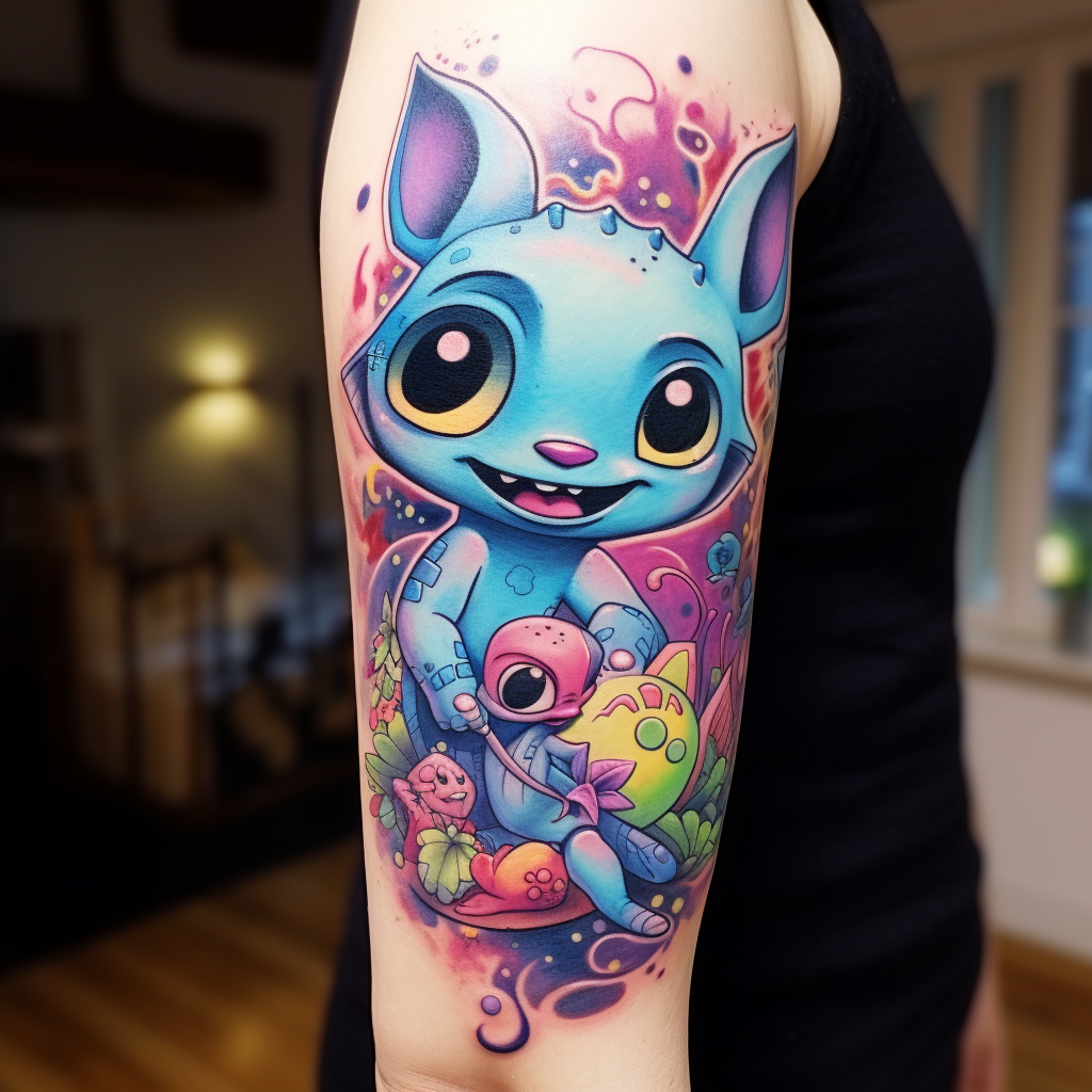 cartoon-tattoos,Cute Stitch Disney Sleeve