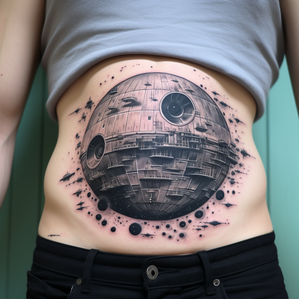 belly-tattoos,Death Star Up Tattoo