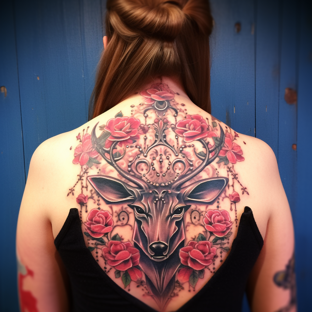 back-tattoos,Deer & Flowers Back Piece