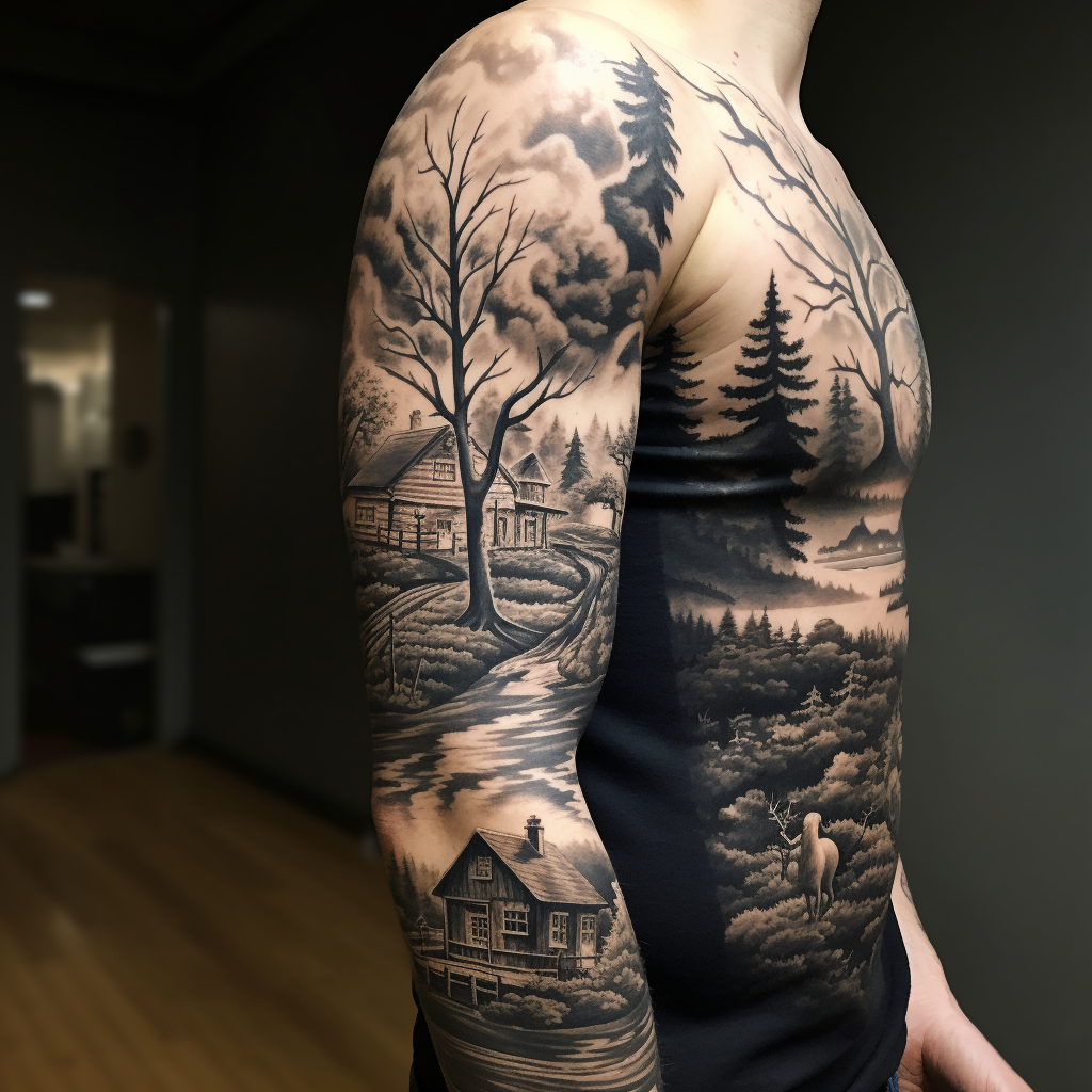 a tattoo,black-ink,Countryside & Wildlife Sleeve