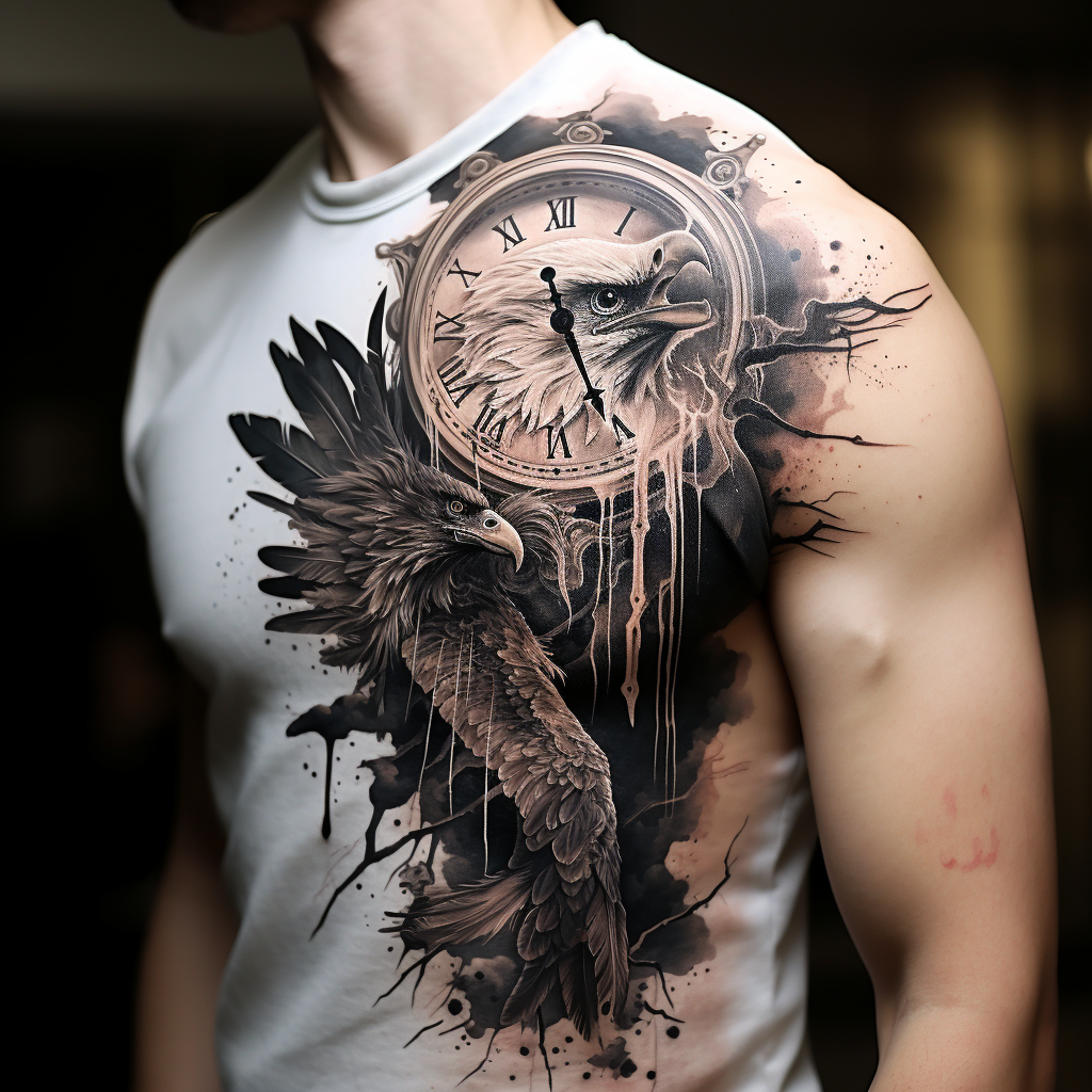 a tattoo,birds,Eagle & Broken Clock Face