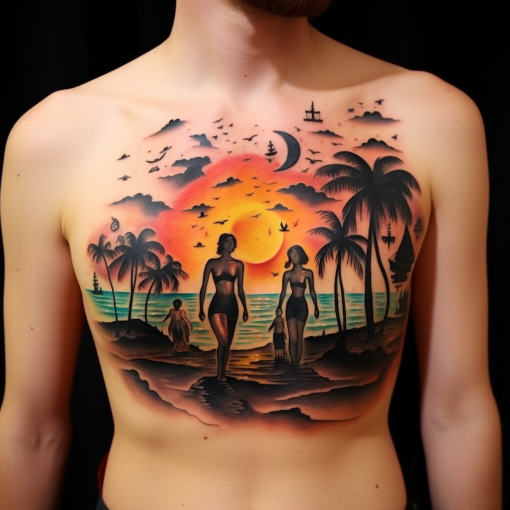 chest-tattoos,Family Beach Tattoo