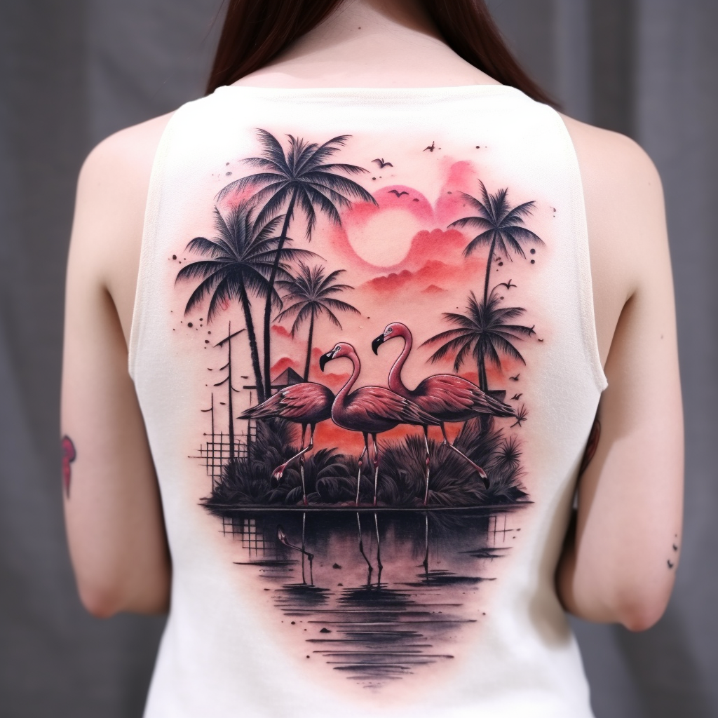 a tattoo,black-ink,Flamingos Back Tattoo