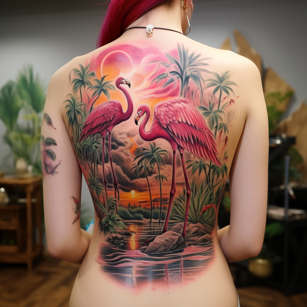 animal-tattoos,Flamingos Back Tattoo