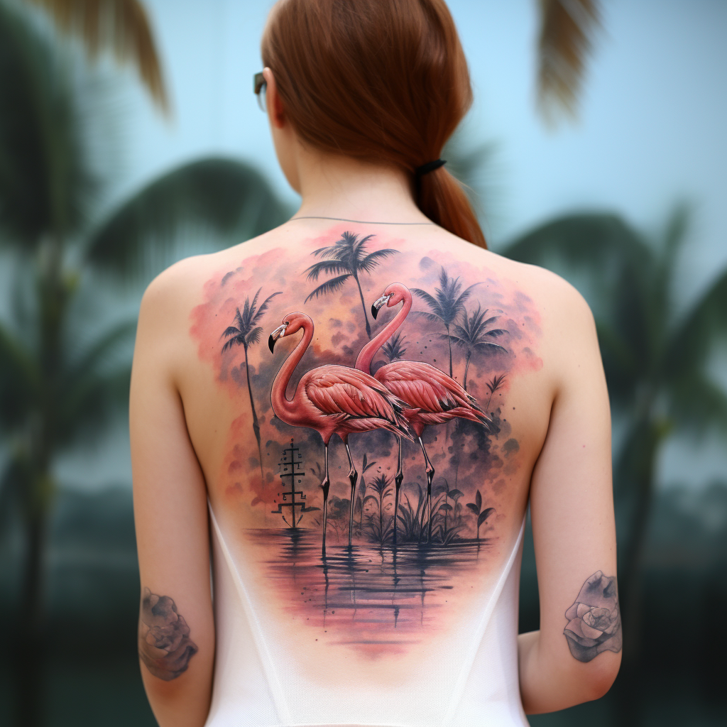 animal-tattoos,Flamingos Back Tattoo
