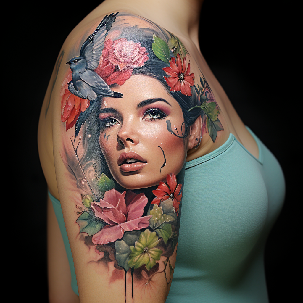 arm-tattoos,Flower Face & Hummingbird