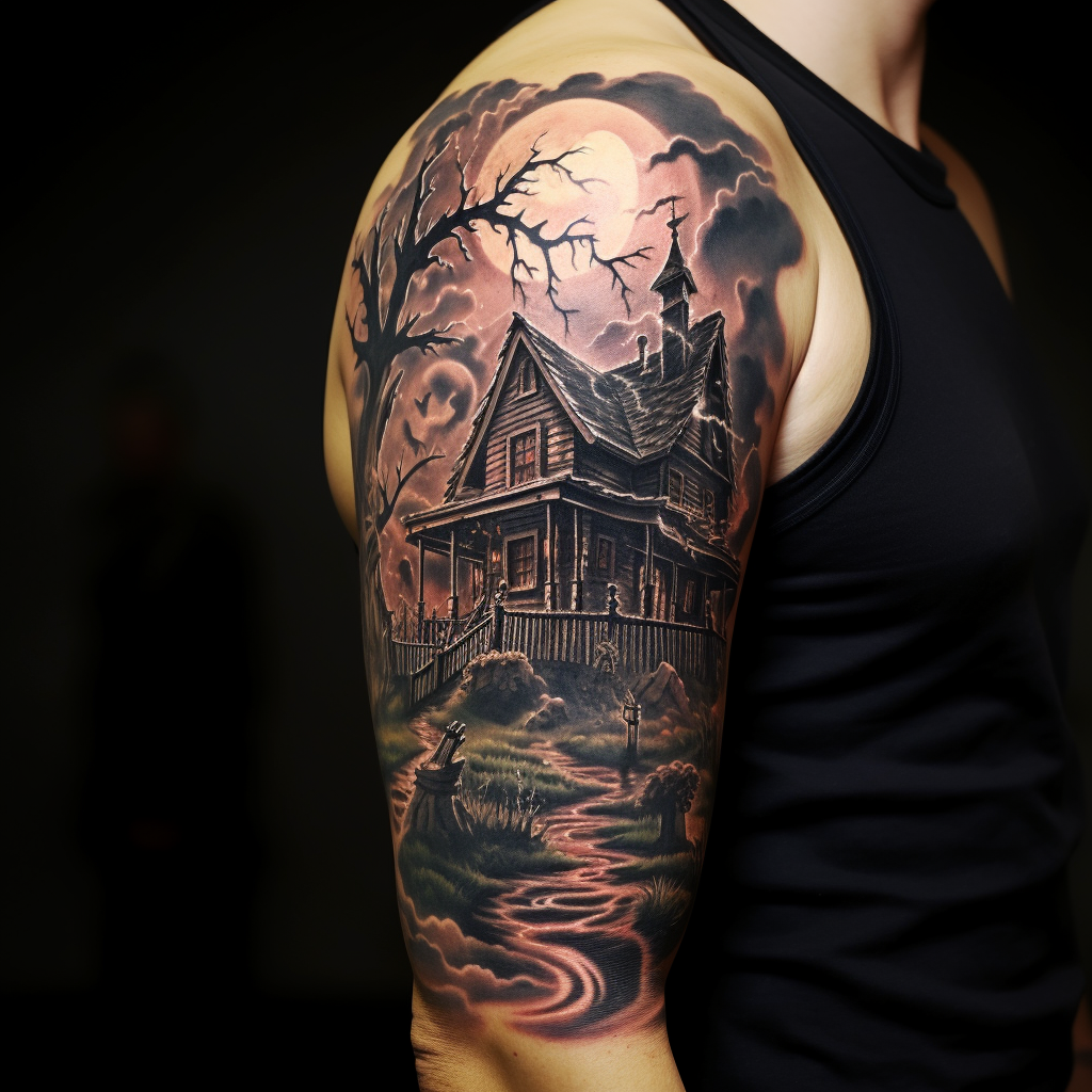arm-tattoos,Haunted House Halloween Tattoo