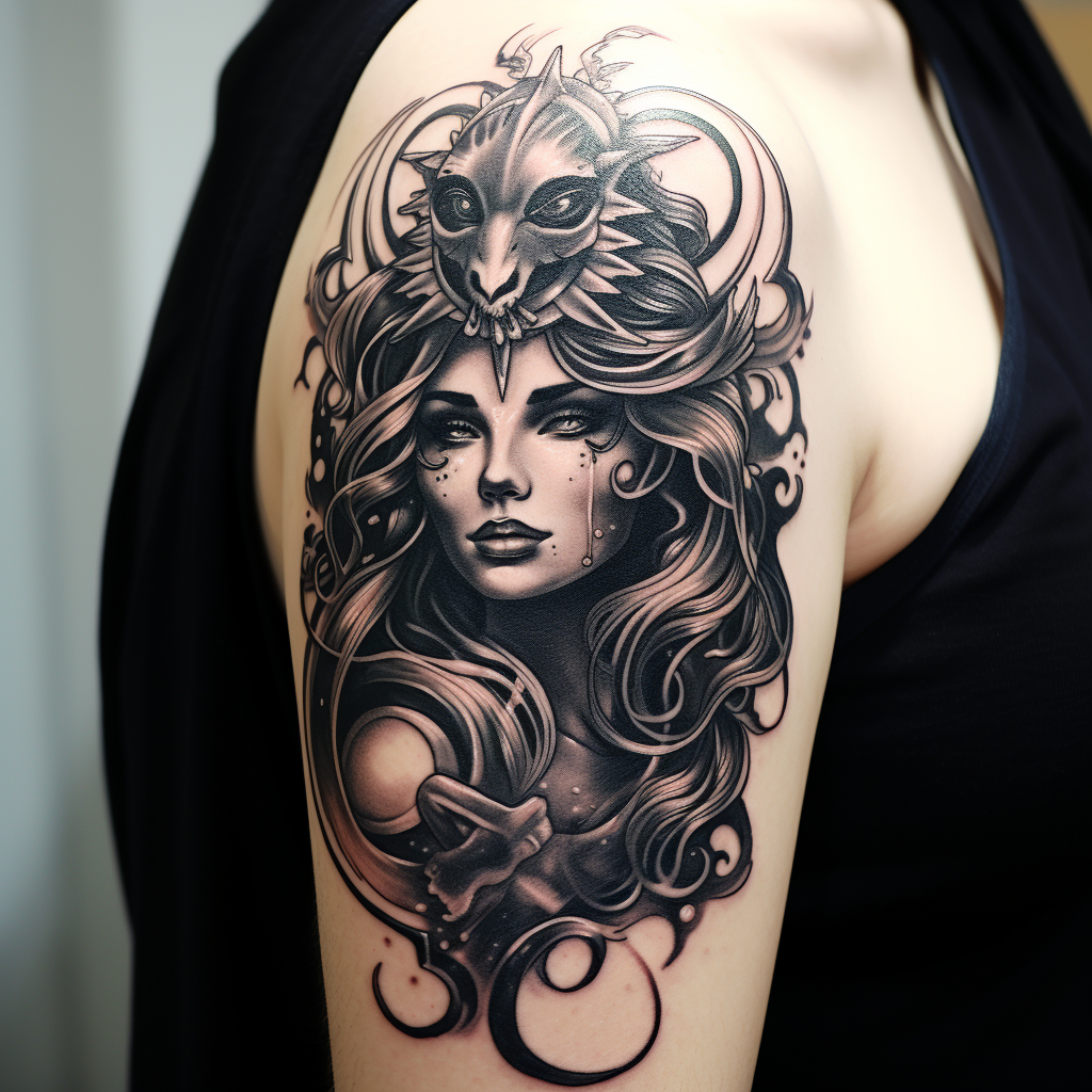 a tattoo,black-ink,Hecate Goddess