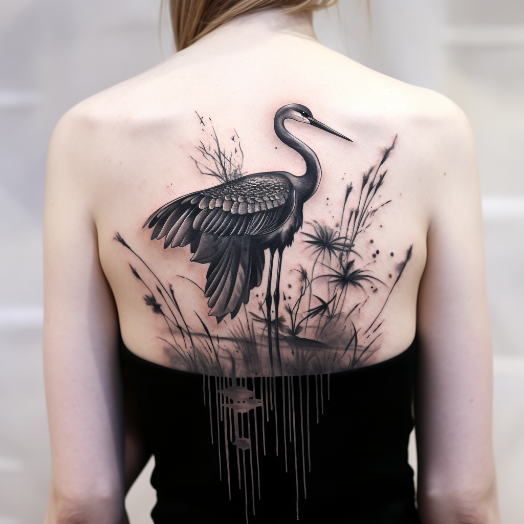 a tattoo,black-ink,Heron Tattoo
