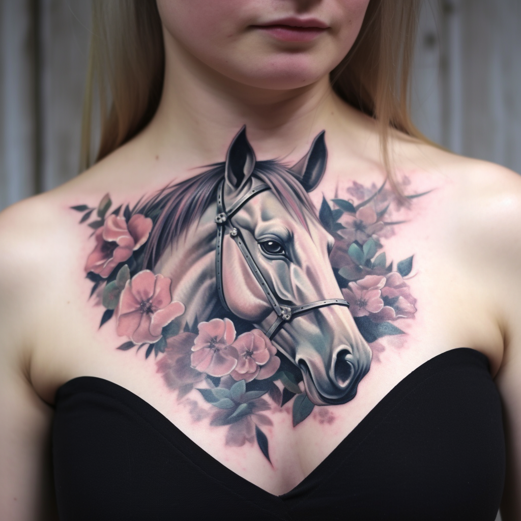 animal-tattoos,Horse & Magnolia Chest Tattoo