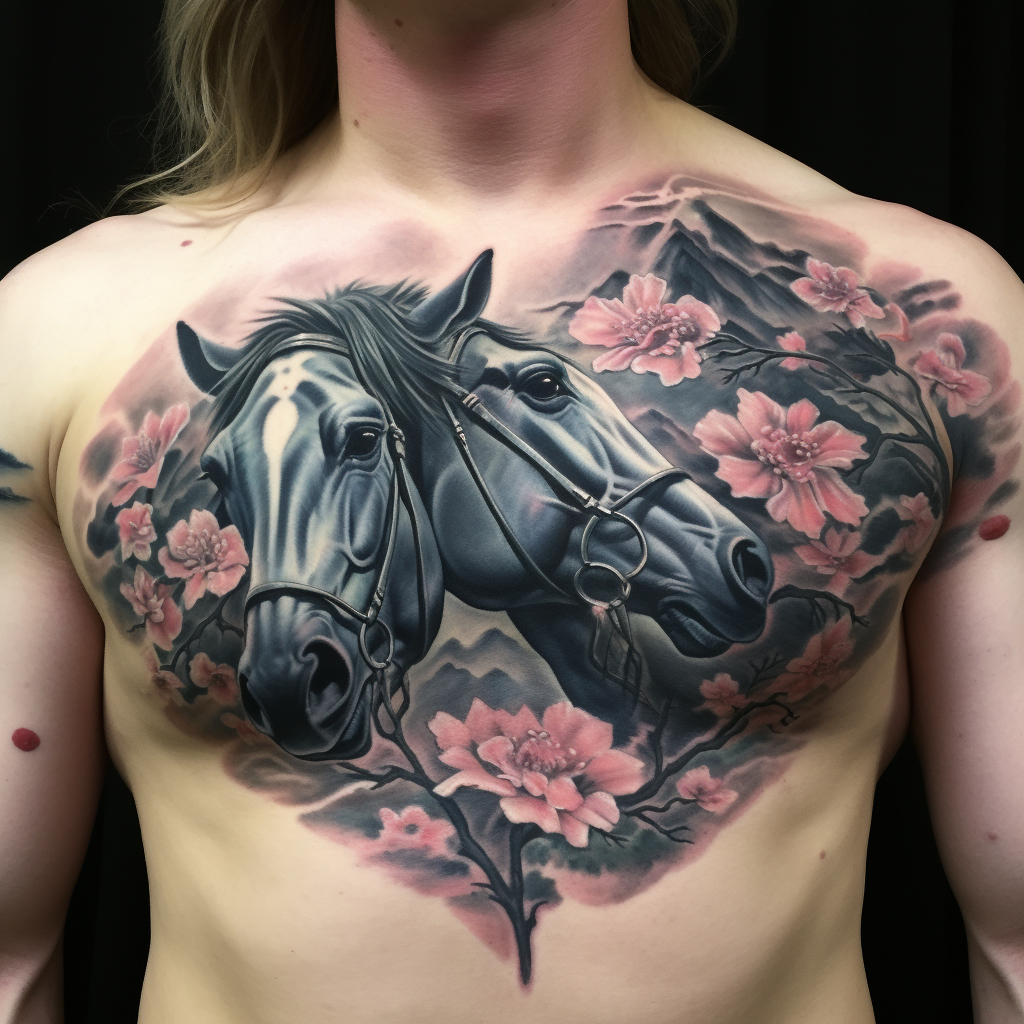 chest-tattoos,Horse & Magnolia Chest Tattoo