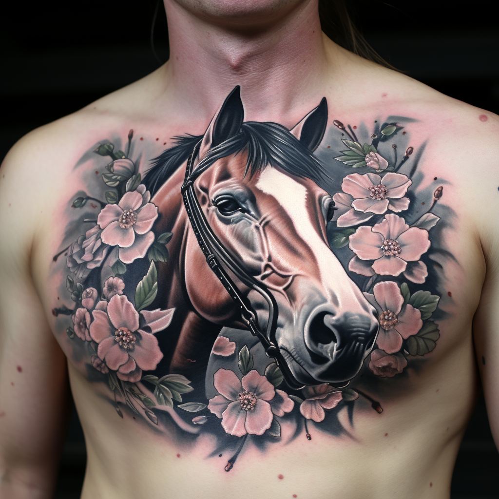 animal-tattoos,Horse & Magnolia Chest Tattoo
