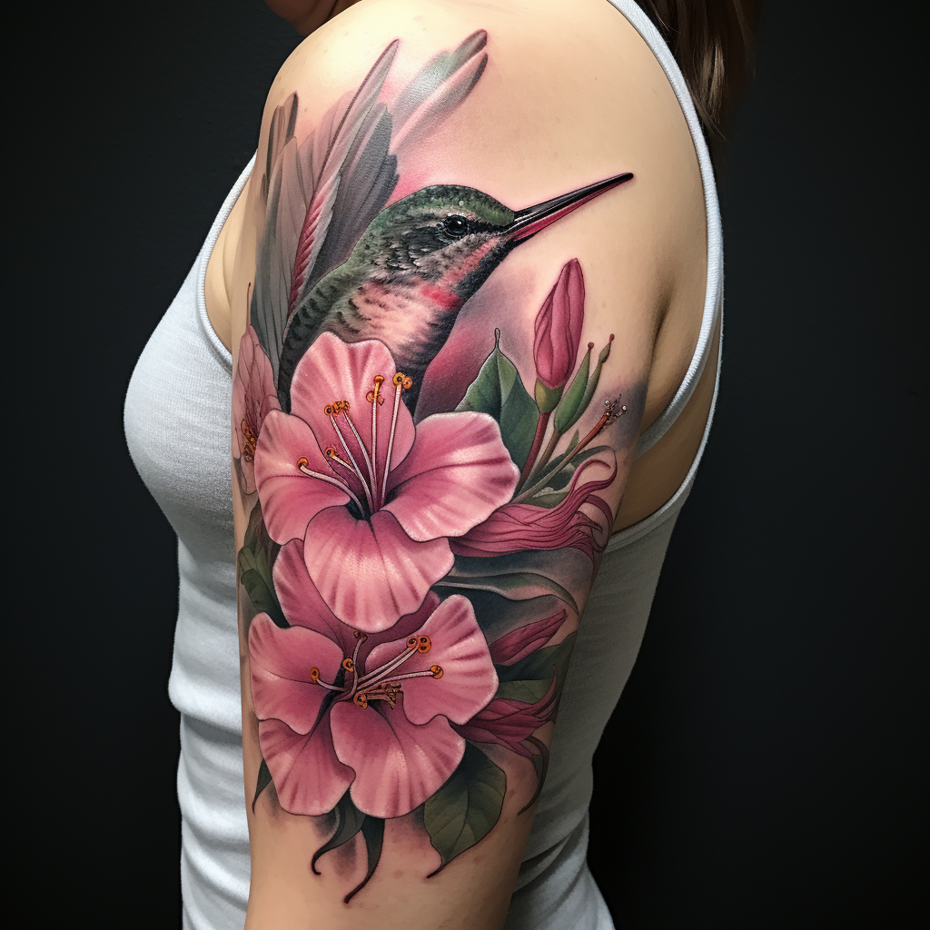 a tattoo,birds,Hummingbird & Pink Lilies