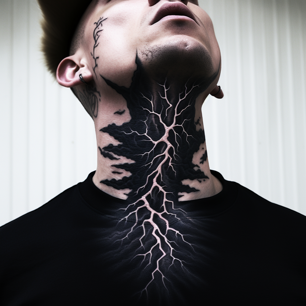 a tattoo,black-ink,Lightning Neck Tattoo