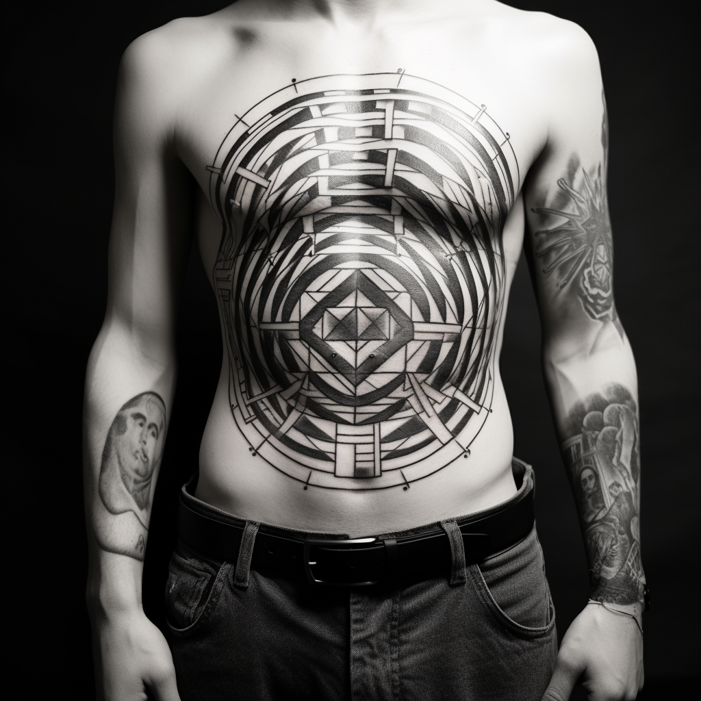 belly-tattoos,Geometric Lines Chest & Stomach Tattoo