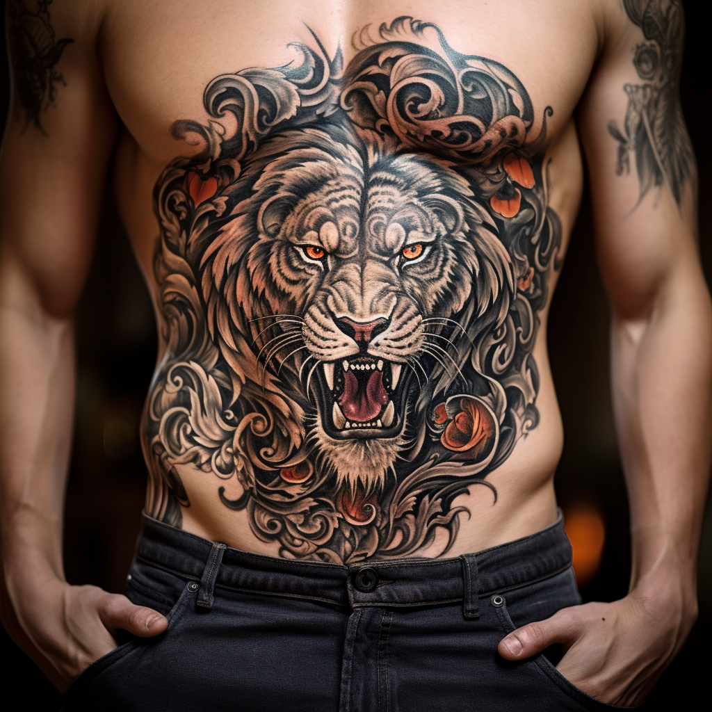 belly-tattoos,Lion Stomach Tattoo