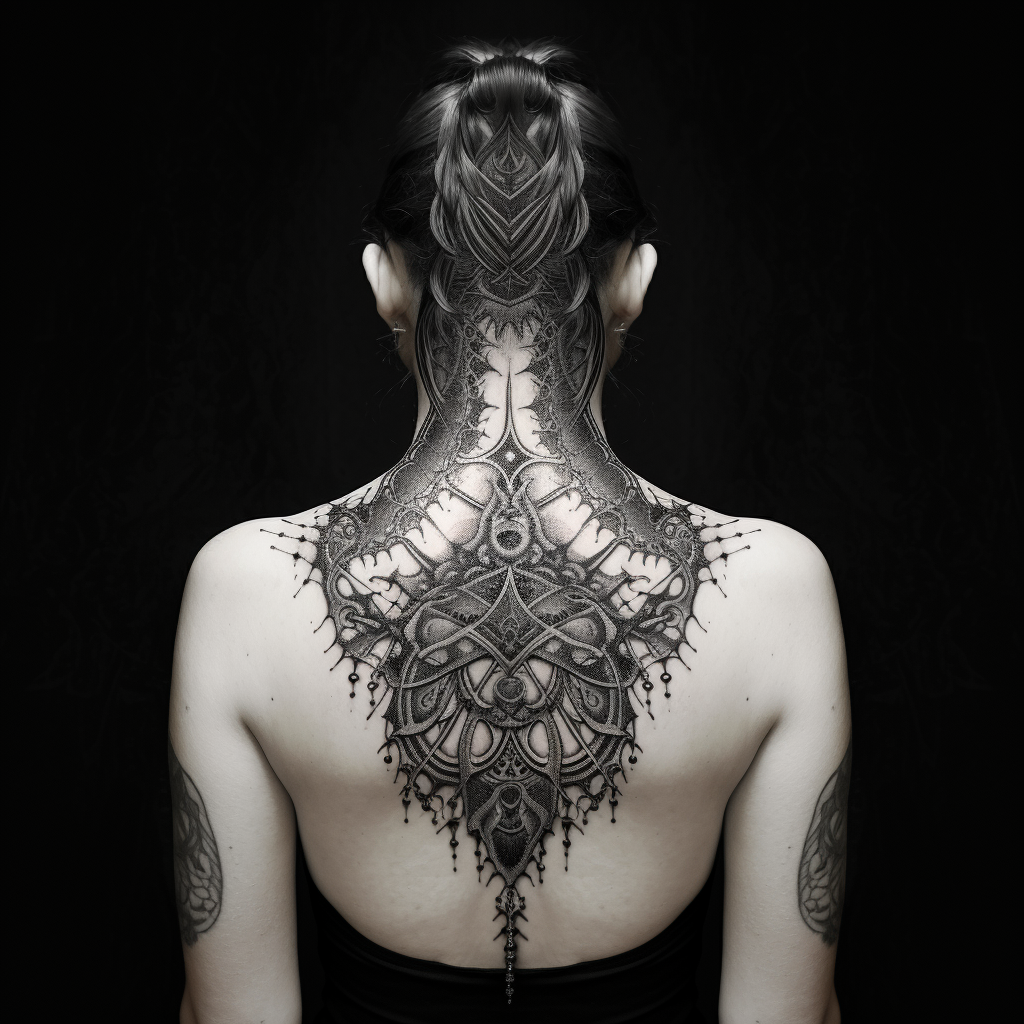 a tattoo,black-ink,Ornamental Back Tattoo