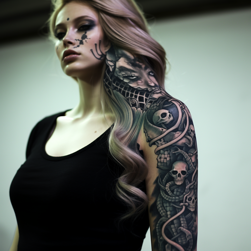 arm-tattoos,Mermaid Crowning Skeleton