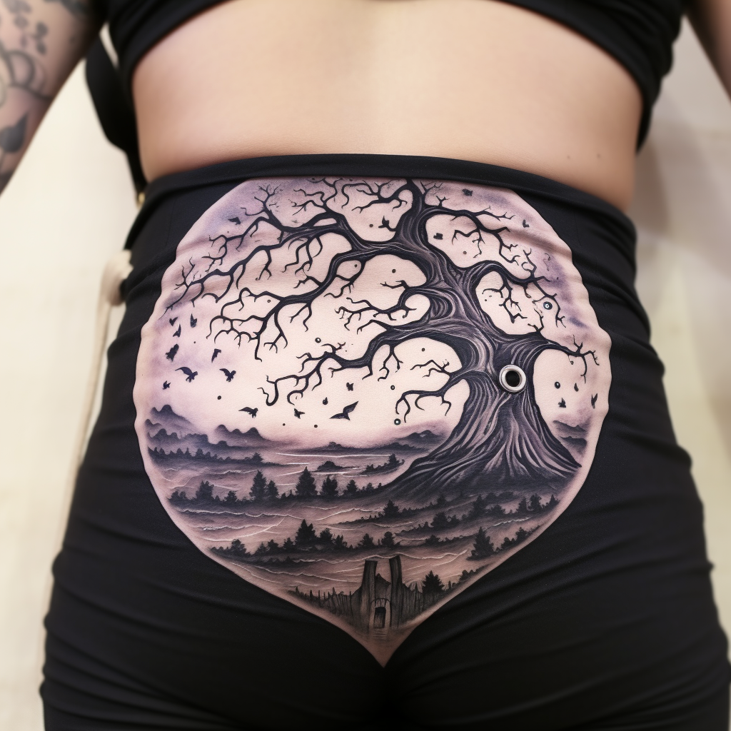 belly-tattoos,Beautiful Moon & Tree Stomach Tattoo