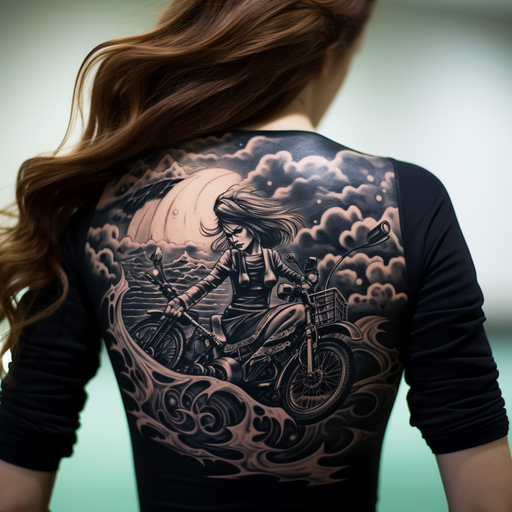 a tattoo,black-ink,Motorcycle Girl Ocean Scene