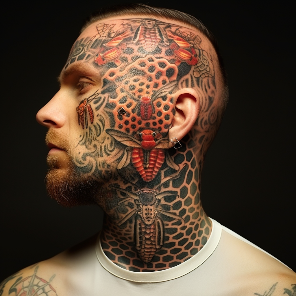 bug-tattoos,Honeycomb Neck Tattoo
