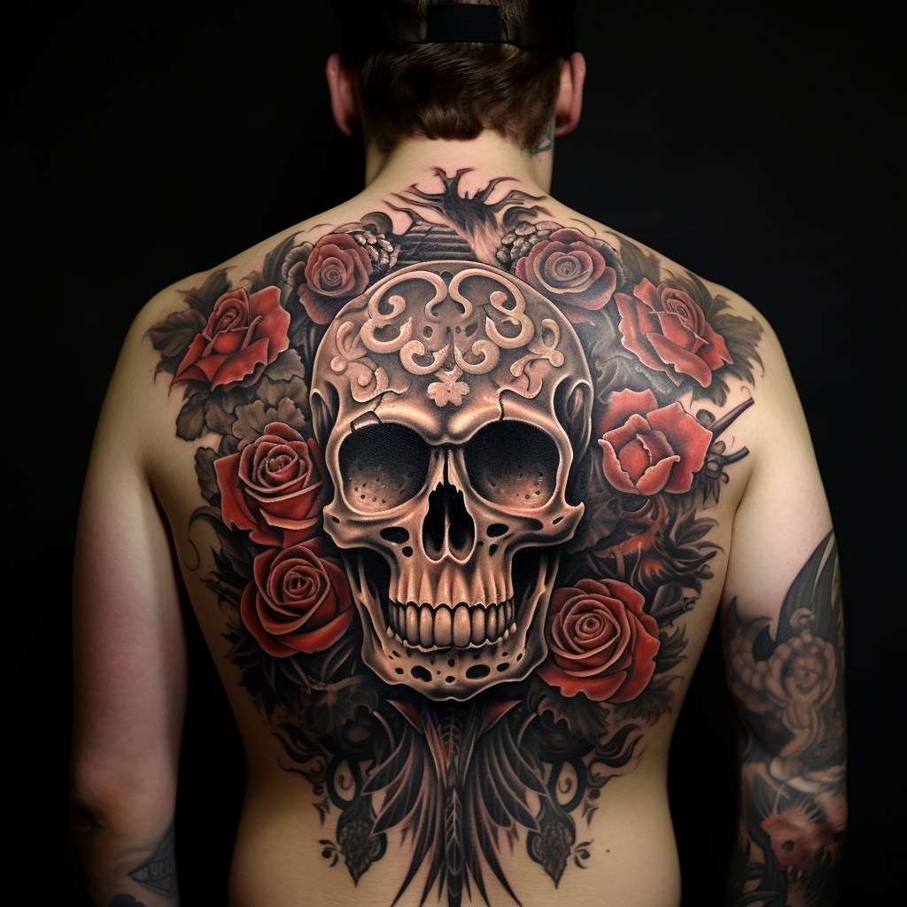 a tattoo,birds,Owl & Skull Back Tattoo