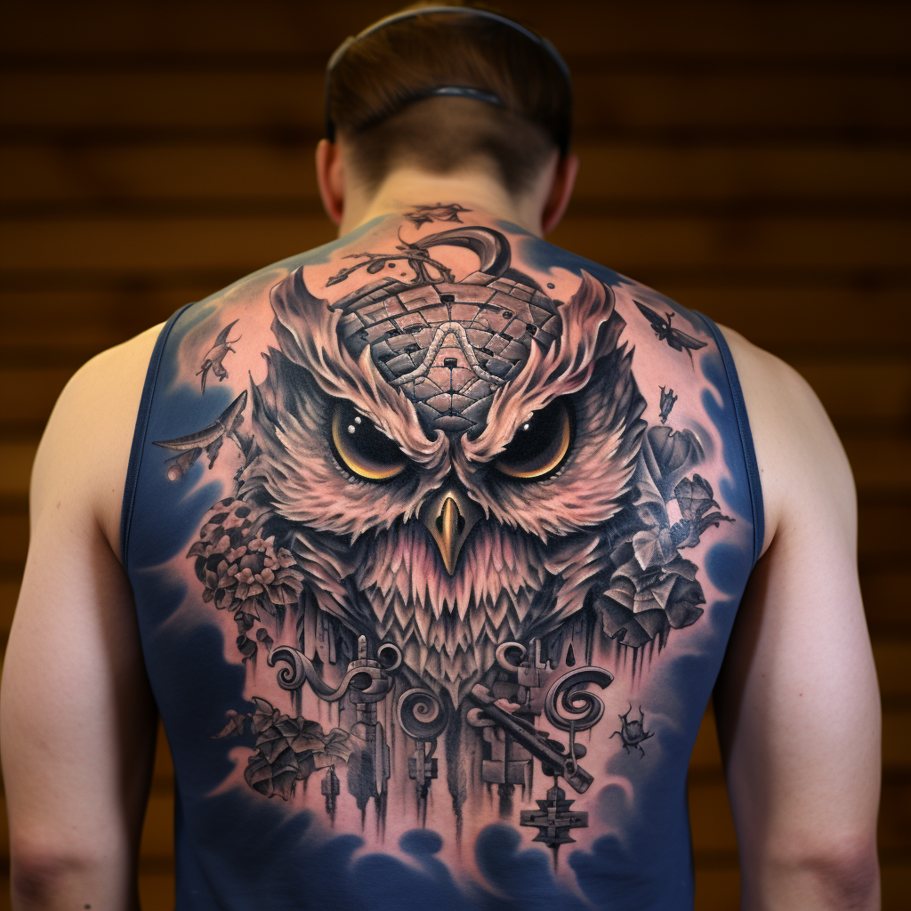 animal-tattoos,Owl & Skull Back Tattoo