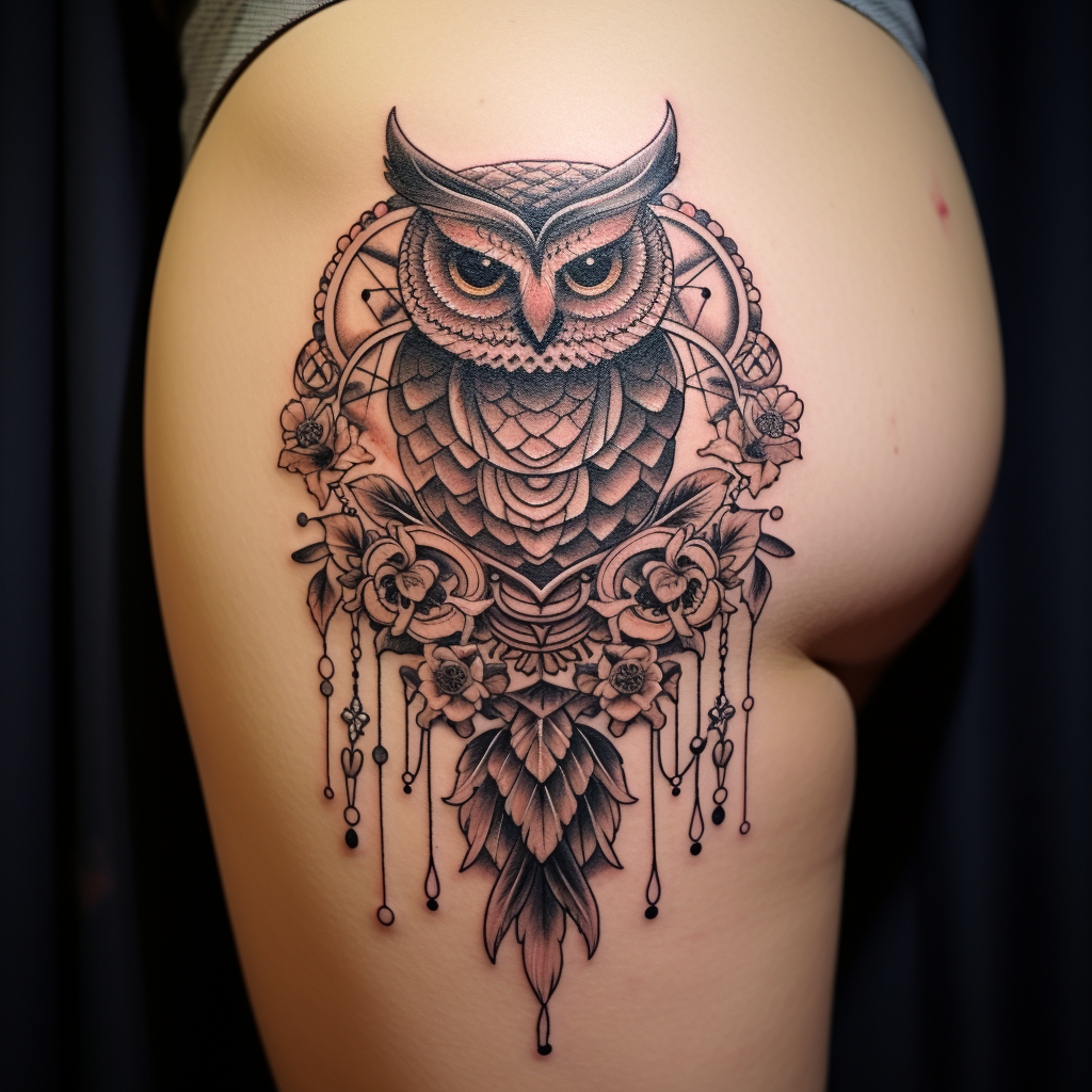 a tattoo,birds,Owl & Mandala Hip