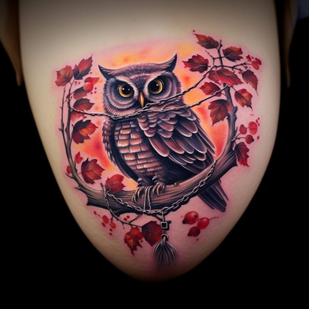 belly-tattoos,Owl on a Branch Belly Tattoo