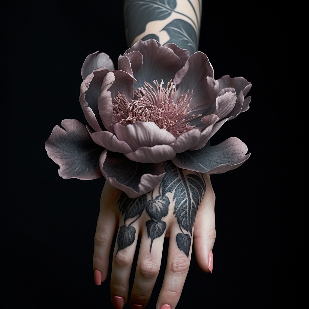 a tattoo,black-ink,Peony Hand Tattoo