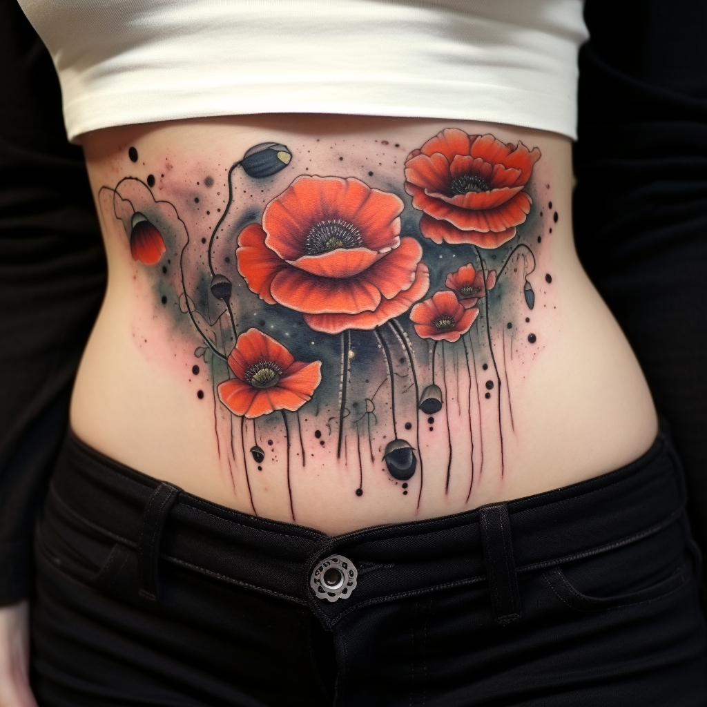 belly-tattoos,Poppies Tattoo On Belly