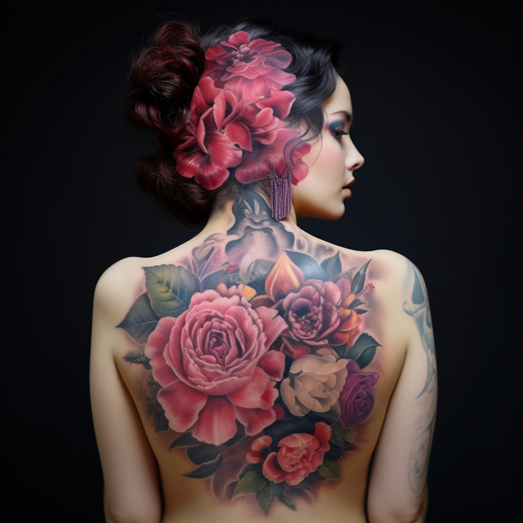 colourful-tattoos,Portrait & Peonies Back Tattoo