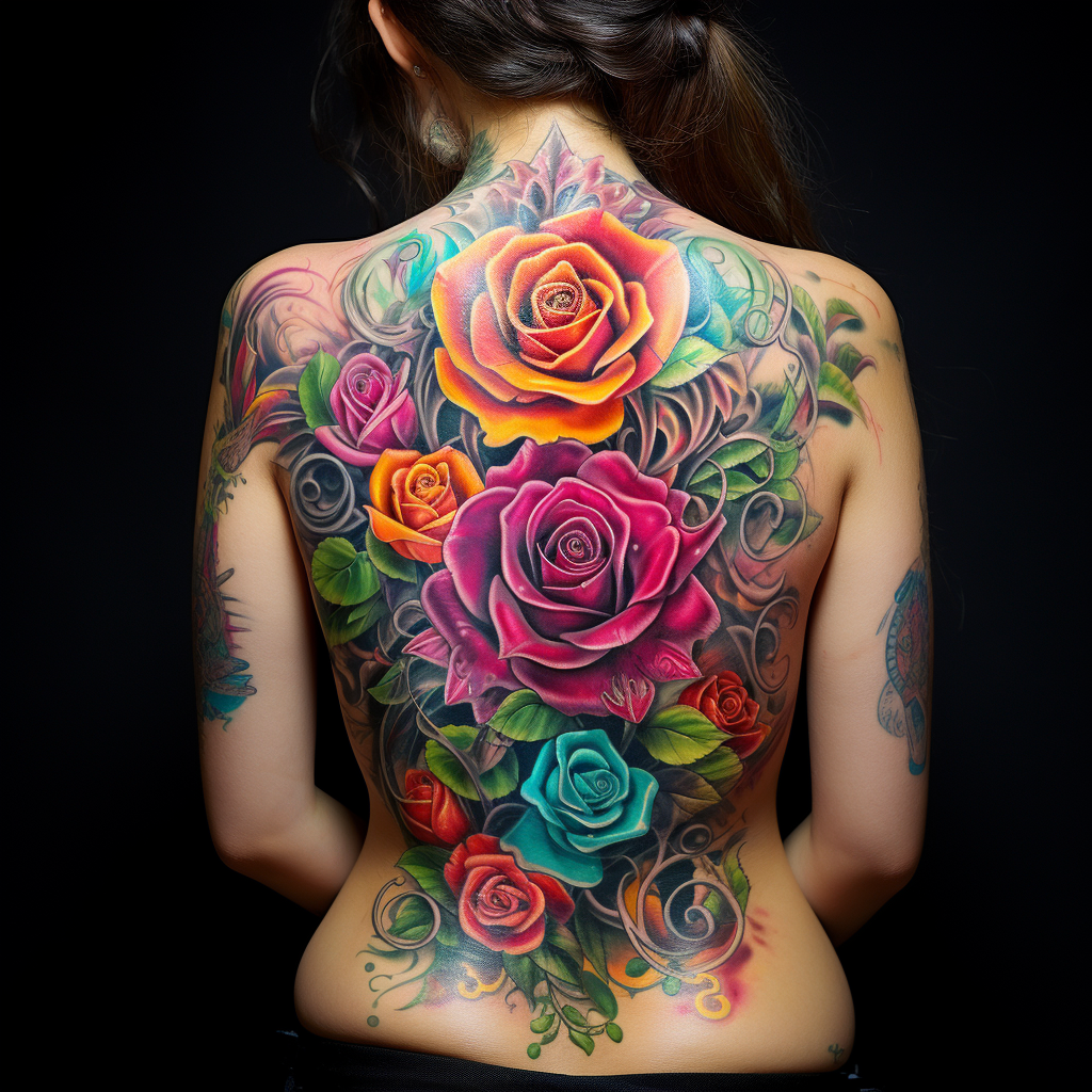 colourful-tattoos,Colorful Rose, Full Back Tattoo