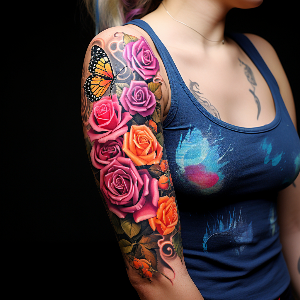 colourful-tattoos,Roses & Butterflies Sleeve