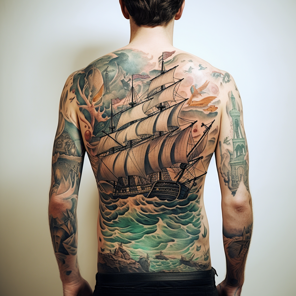 animal-tattoos,Sailing Themed Back Tattoo