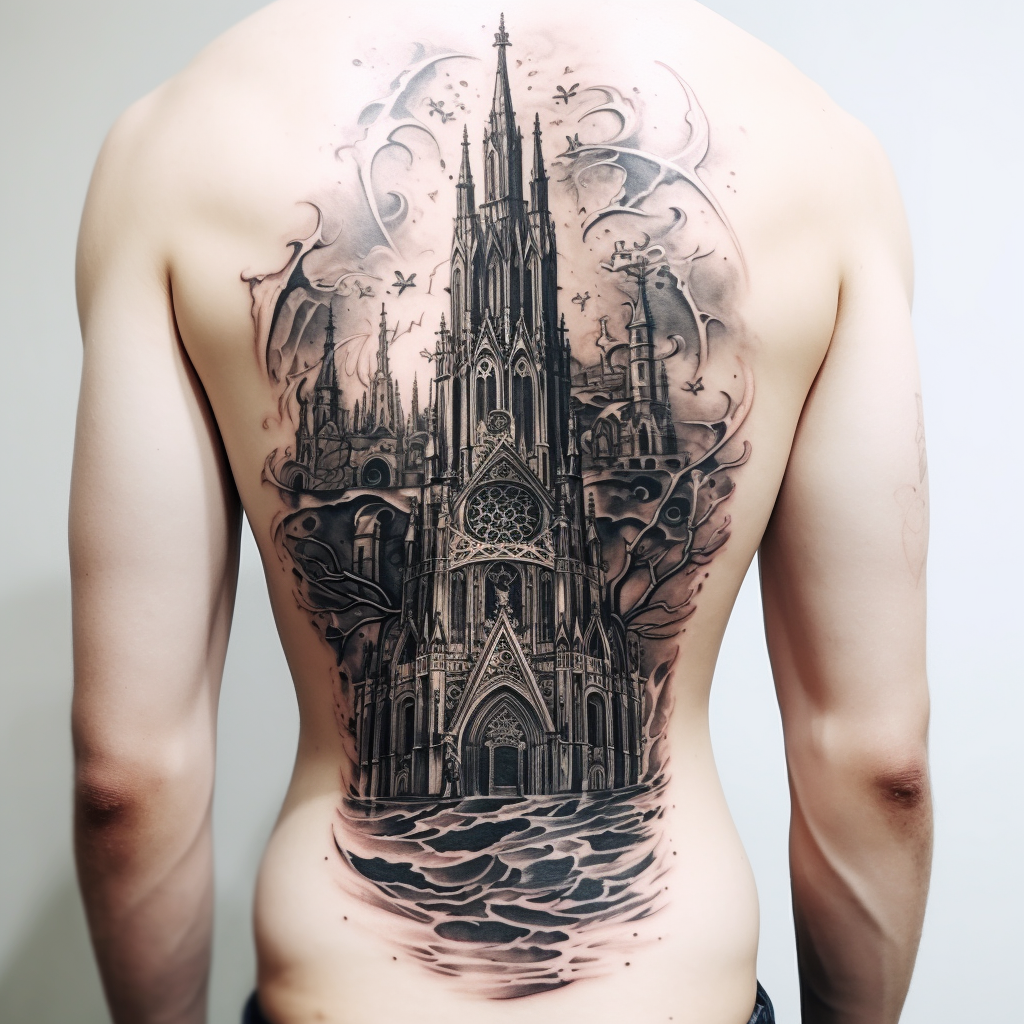 a tattoo,black-ink,Cathedral Architecture Tattoo