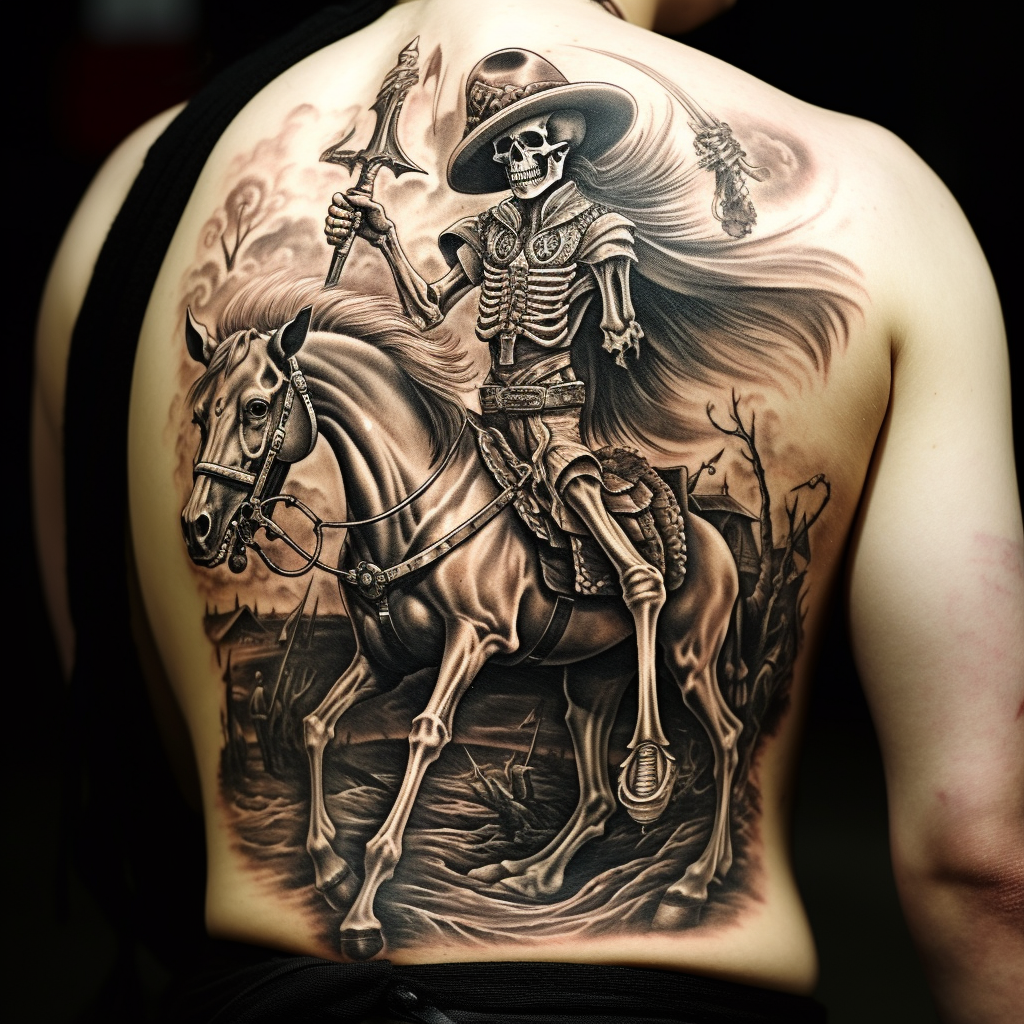 amazing-tattoos,Skeleton on Horseback Scene