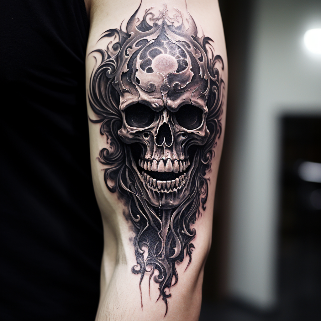 a tattoo,black-ink,Dark Skull
