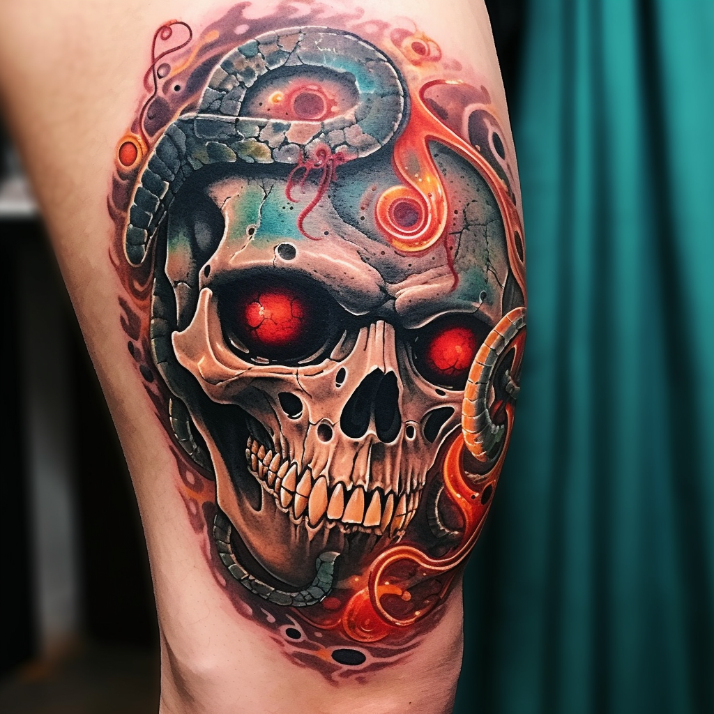 abstract-tattoos,Skull & Snake Hip Tattoo